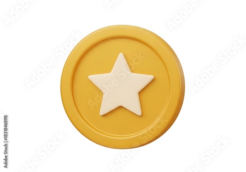 Golden coin with a white star in the center, isolated on white background
