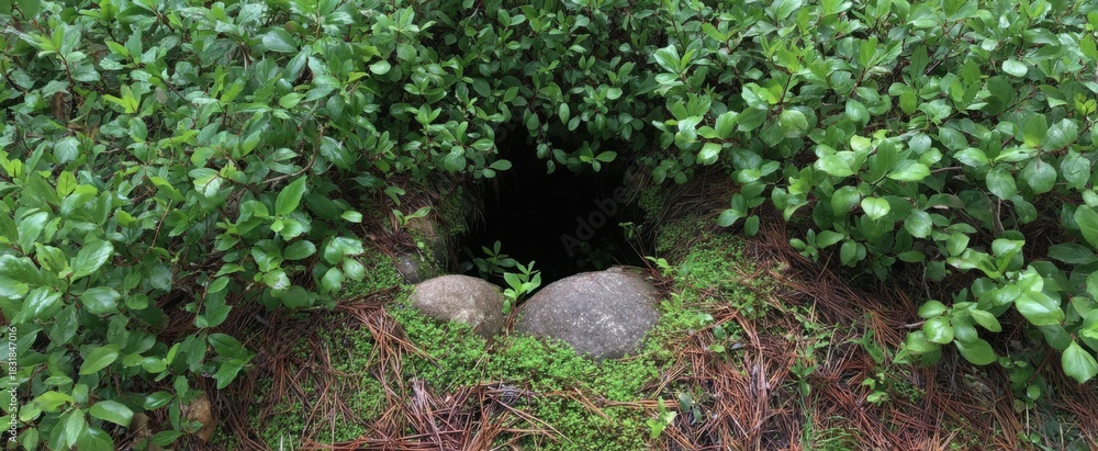 Obraz premium The fox den entrance invites quiet wonder beneath protective natural ground cover.