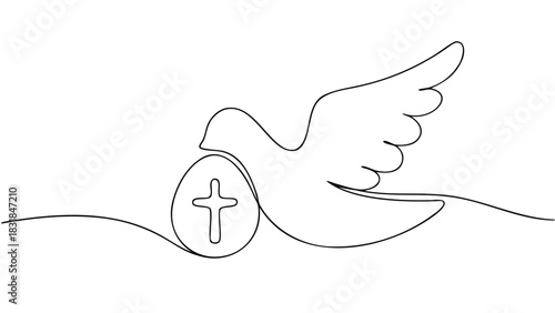 Minimalist single line drawing of a dove carrying an easter egg with a cross symbol inside representing hope and new beginnings