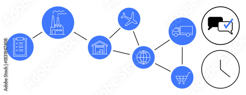 Factory, warehouse, airplane, truck, globe, shopping cart, clipboard, clock and speech bubbles interconnected by lines. Ideal for supply chain logistics transportation management planning global