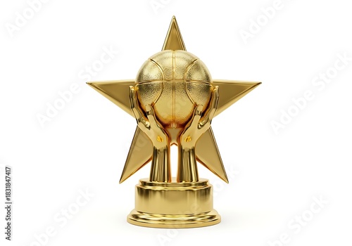 Golden basketball trophy with star and hands, isolated on white background, award.