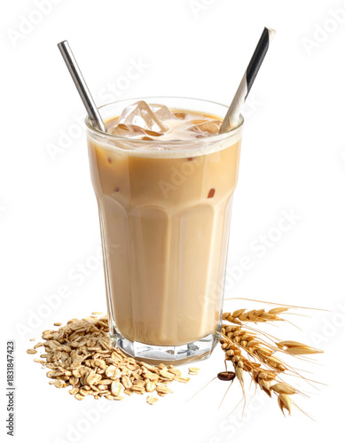 A cool and refreshing oat milk latte on ice, showcasing its light beige color and smooth texture, isolated on white background