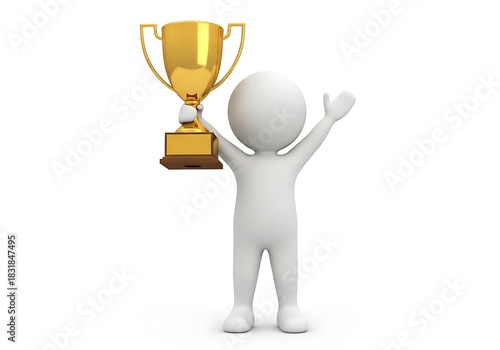 3d white figure holding a golden trophy with both hands raised in victory.