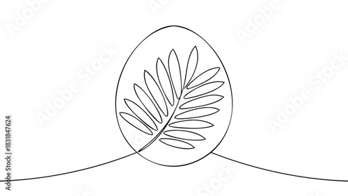 Minimalist one line drawing of a palm leaf inside an oval shape on a white background symbolizing nature and simplicity