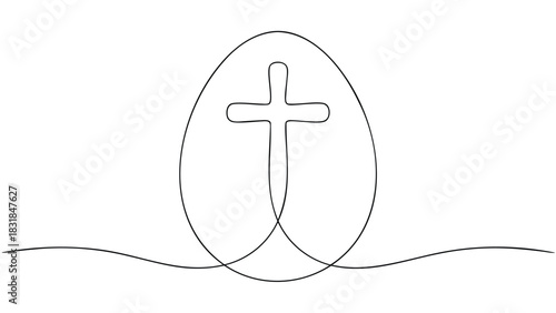 Minimalist continuous line drawing of an easter egg with a cross inside symbolizing resurrection and new beginnings on a simple white background