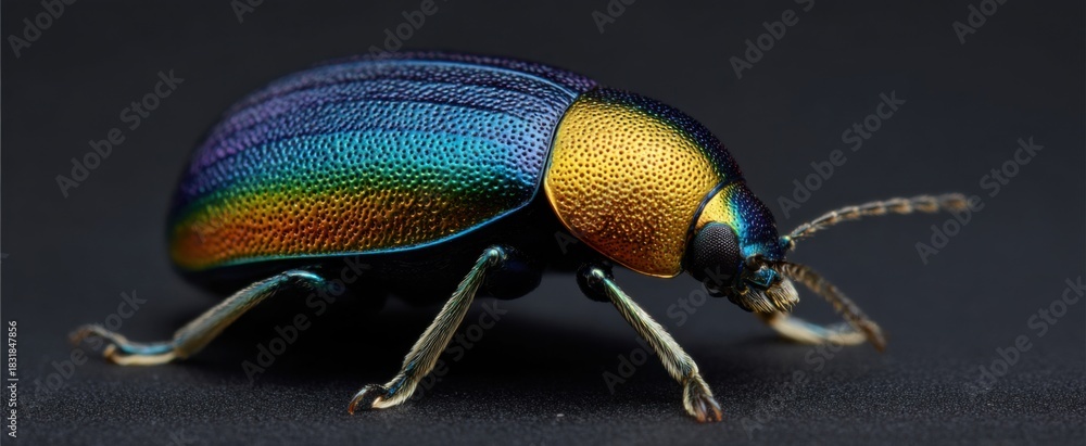 Fototapeta premium The iridescent shell of a beetle shines with bright lively hues and shades.