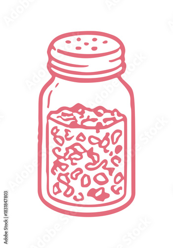 A simple pink hand drawn style vector illustration shows a full salt shaker. It is isolated against a white background.