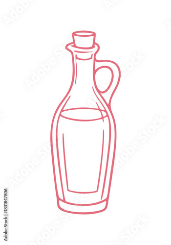 Vector illustration depicts a hand-drawn bottle of olive oil. It is a simple, mediterranean style icon.