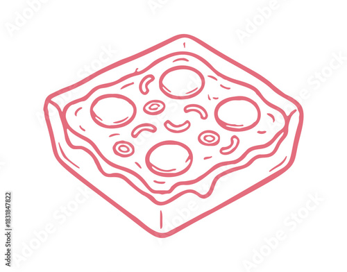 Hand drawn line art shows a pink square Pizza slice. The doodle shows basic toppings on this Mediterranean dish.