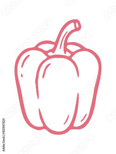 Pink line art shows a bell pepper. The drawing is a simple, hand drawn vector illustration of a mediterranean vegetable.