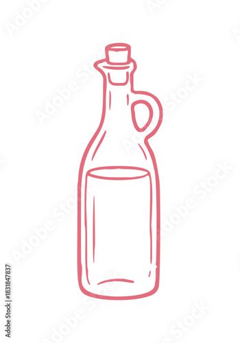 Pink vector line art showcases a hand-drawn bottle, often used for Olive Oil in the Mediterranean.