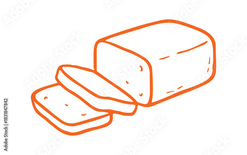 A hand drawn, simple line art style illustration showing a loaf of bread with two slices cut.