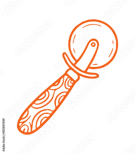 Hand drawn orange pizza cutter icon with decorative mediterranean swirl design on the handle. It is a vector outline graphic.