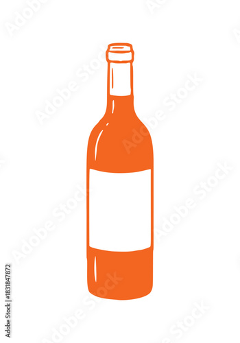 Doodle shows a bright orange wine bottle with a label. Hand drawn vector illustration perfect for menus or social media.
