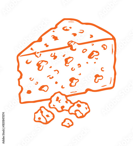 Hand drawn illustration of a cheese wedge with many holes and some crumbs around it. Simple line drawing vector graphic.