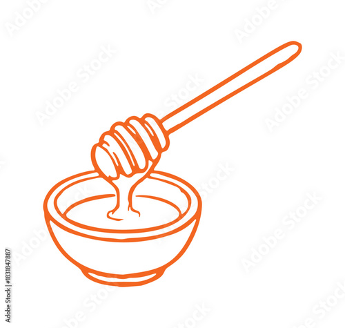 A hand drawn, single line illustration of a Honey stick dripping honey into a small bowl. Vector design in a minimalist style.
