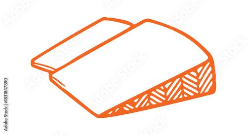 A slice of cheese is seen with an artistic, hand drawn vector design in orange color. It looks like a doodle and simple icon.