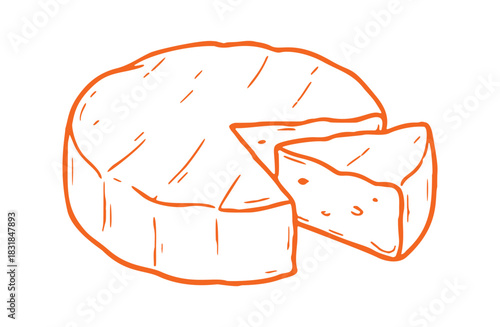 A round cheese is illustrated with a slice removed. This drawing has a mediterranean style, with hand-drawn vector lines.