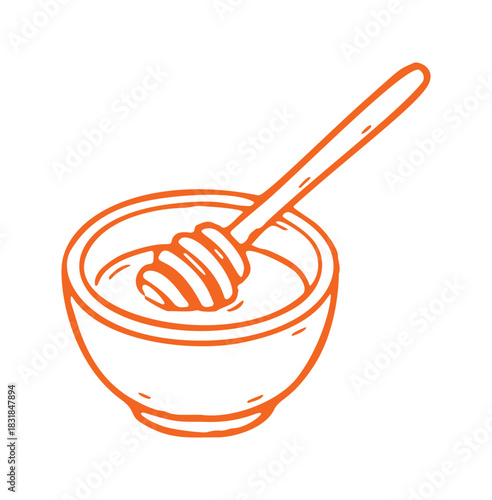 A line art illustration shows a honey dipper in a bowl of honey. It is a hand-drawn, simple vector icon.