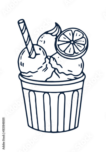 Vector illustration of a lemon ice cream doodle in a cup with a straw, isolated on a white background.