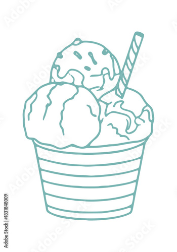 Hand drawn line art of ice cream scoops in a striped cup with a striped straw. Delicious dessert graphic.