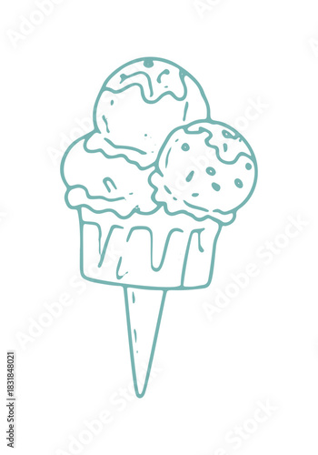 A hand-drawn line drawing shows a triple scoop ice cream cone. A fun vector art for summer, dessert, or mediterranean themes.