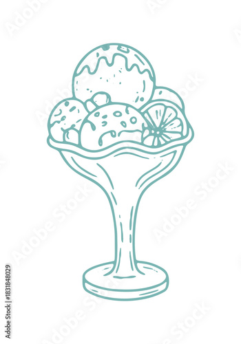 Hand drawn line art of gelato scoops in a dessert dish with a citrus slice. Vector design for Mediterranean travel or summertime.