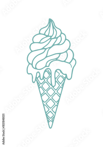 A hand drawn vector graphic showing an ice cream cone with the cream melting. Light blue line art on a clean white background.