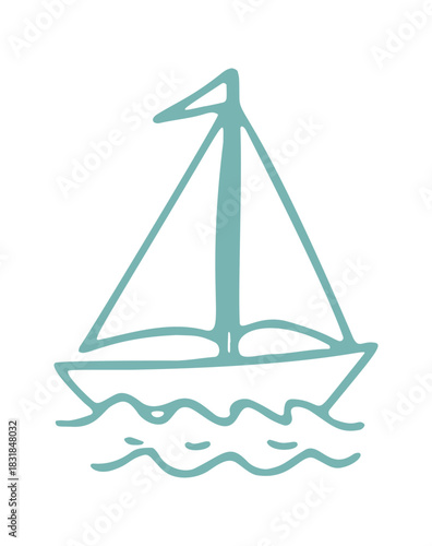 Blue hand-drawn lines depict a sailboat at sea.