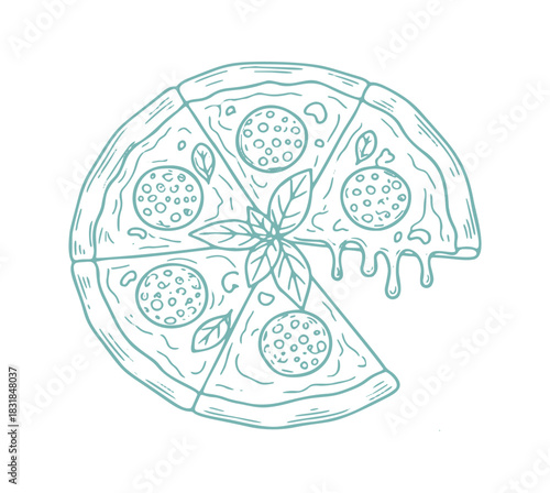 A hand drawn illustration of a pepperoni pizza, topped with basil and melty cheese. One slice is missing from the italian dish.
