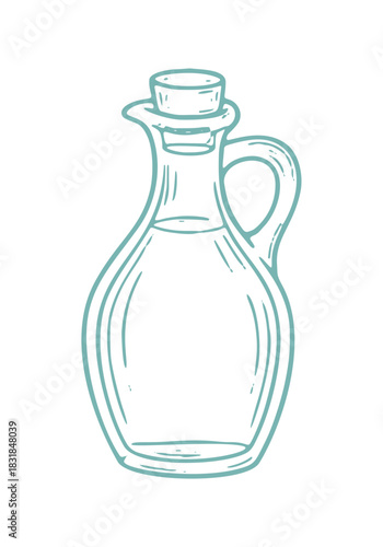 A simple teal line art illustration shows a hand-drawn style olive oil bottle with a cork stopper and handle. Vector format.