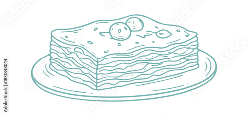 Hand drawn doodle of a stacked lasagna with toppings, displayed on a plate.