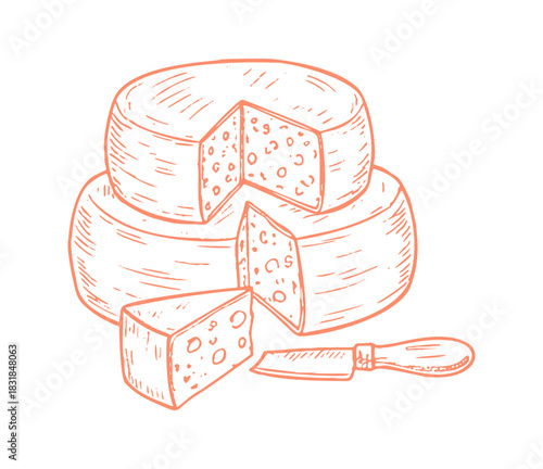 A stacked pile of cheese wheels are featured, with a cut slice showing holes. A knife is also present.