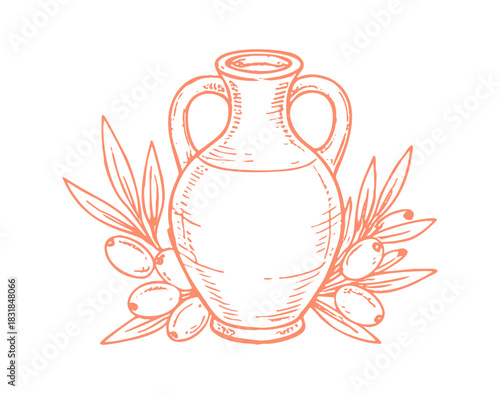 Classic mediterranean amphora with handles is surrounded by olive branches and olives.
