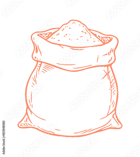 A simple hand drawn bag is shown filled with flour or grain. Vector line art creates a rustic, Mediterranean feeling.