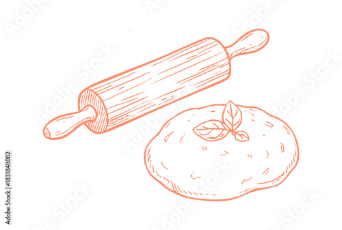 Line art shows a rolling pin and dough topped with fresh basil leaves.