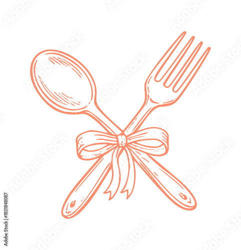A hand drawn illustration shows a fork and spoon crossing, tied together with a decorative bow on a white background.