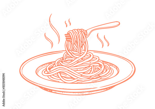 Hand drawn style illustration shows steaming pasta on a plate with a fork wrapped with noodles. Mediterranean cuisine shown.