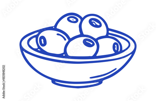 Doodle-style graphic shows a bowl filled with olives. The design uses simple lines and conveys a Mediterranean feel.