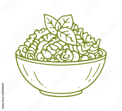 A hand-drawn bowl is filled with pasta and topped with basil leaves. It is vector art depicting Mediterranean food.