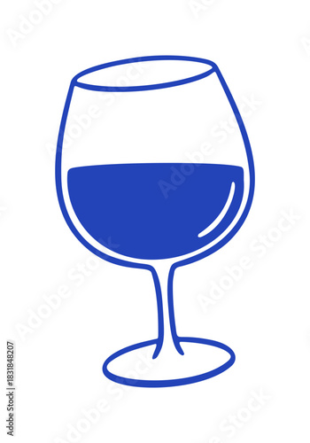 A simple, blue, line art drawing shows a wine glass filled with liquid. The style is hand drawn and iconic, a vector doodle.