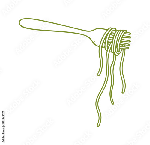 Green line art shows spaghetti wrapped around a fork, some strands hanging down. Mediterranean food vector illustration.