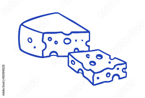 A blue hand drawn illustration presents a block of swiss cheese with some slices cut off; a simple, vector food design.