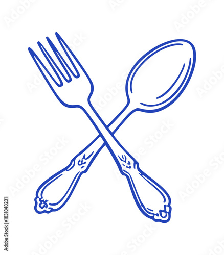 The simple hand-drawn fork and spoon are crossed, creating a symbol of dining, meals, or Mediterranean restaurants.