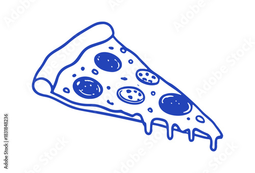 A blue line drawing shows a pizza slice with pepperoni and melted cheese dripping.