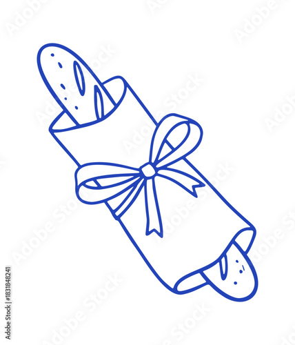 A hand drawn baguette is wrapped with a bow. This vector art represents mediterranean cuisine.