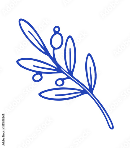 A stylized, blue olive branch with several olives is presented.