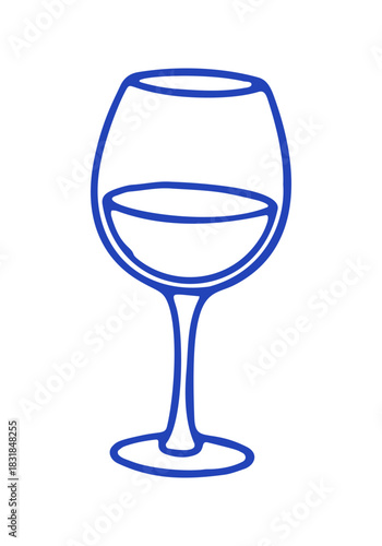 A simple, hand drawn wine glass icon is outlined in blue. This vector art is reminiscent of a Mediterranean style doodle.