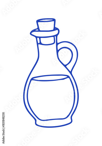 Hand drawn line drawing of a clear glass carafe with a stopper and some liquid inside. It looks like olive oil or wine.
