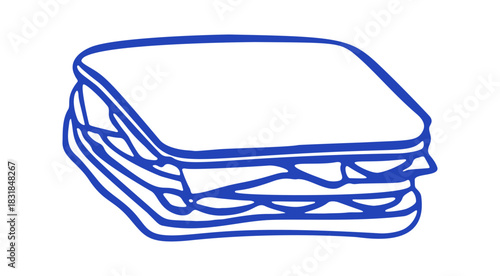 Hand drawn blue line art shows a stacked sandwich, a common mediterranean dish for lunch or a quick snack. Vector illustration.